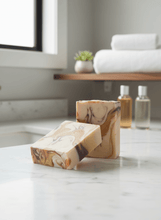 Load image into Gallery viewer, Woodland Whisper goat milk soap bars with swirls, perfect for moisturizing dry skin.