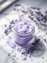 Load image into Gallery viewer, Luxury Lavender Sugar Scrub in glass jar with lavender flowers on marble surface.