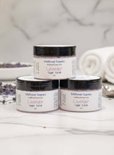 Load image into Gallery viewer, Three jars of Luxury Lavender Sugar Scrub by Wildflower Soapary on a marble surface.