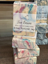 Load image into Gallery viewer, Sea Breeze Tallow Soap bars stacked, showcasing artisan design with notes of sea salt and buttermilk.
